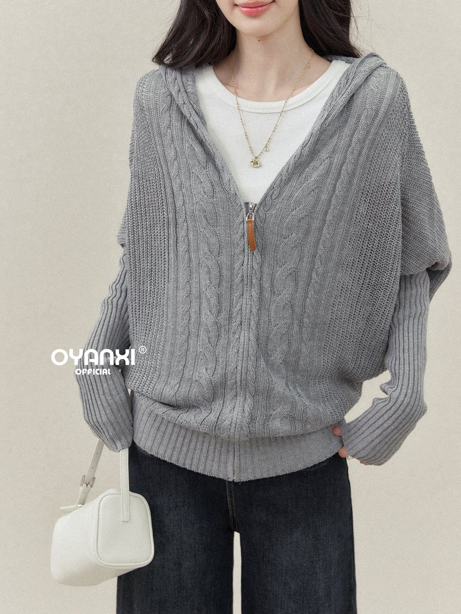 OYANXI フード付き ジップアップ ゆったりニットカーディガン