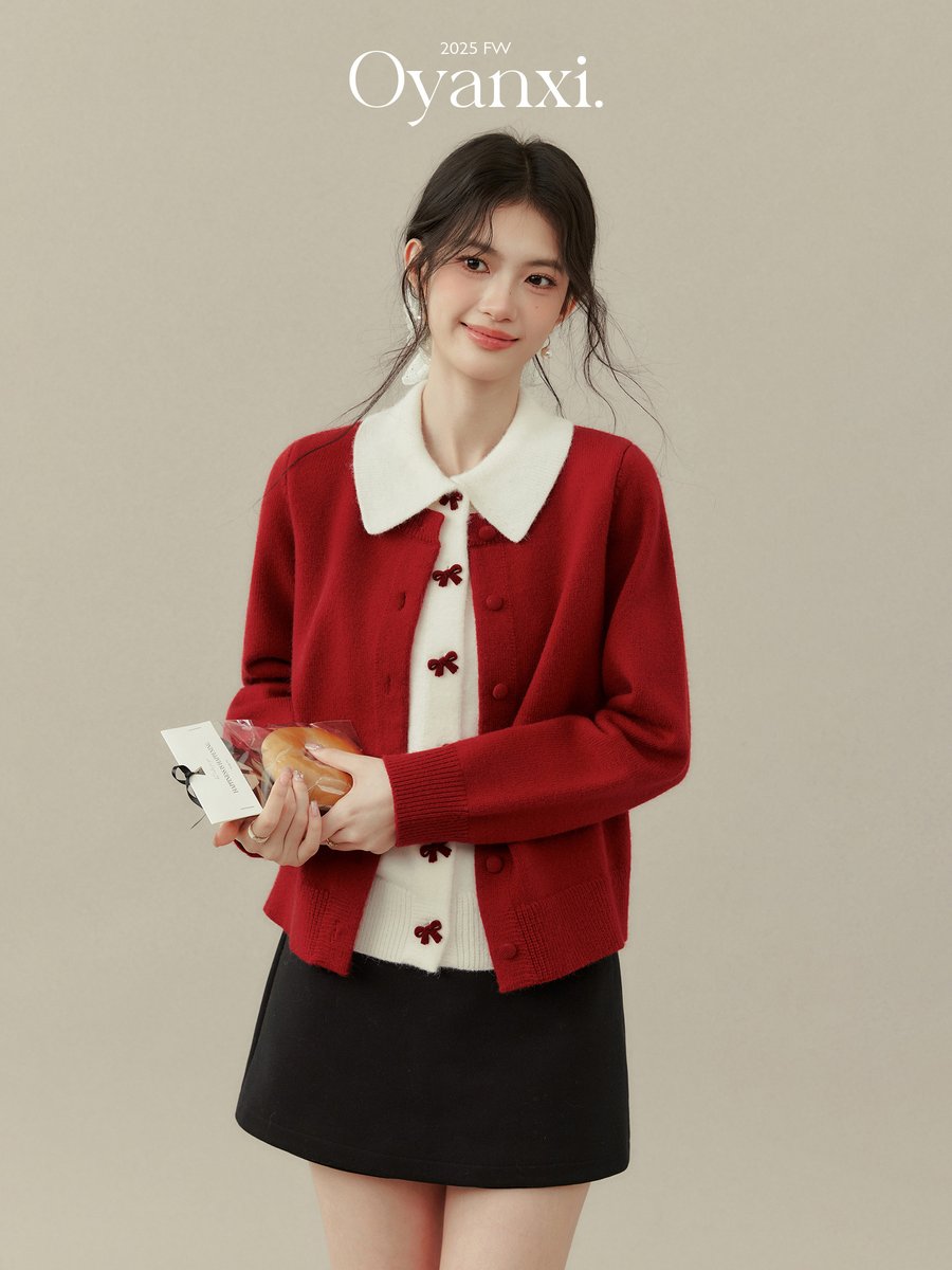 OYANXI リボン付き 襟付き フェイクレイヤード ニットカーディガン