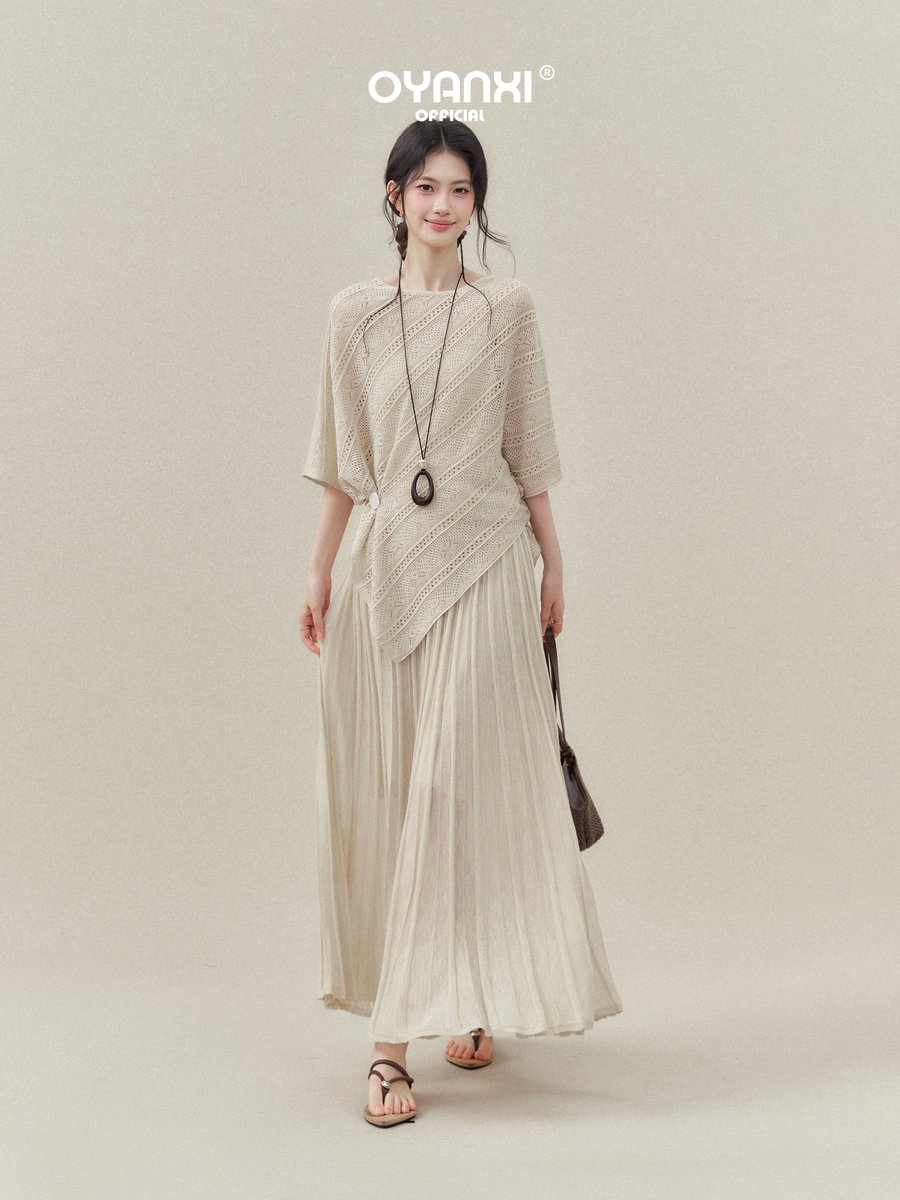 OYANXI 透かし編み アシンメトリーヘム トップス＆スカート セットアップ