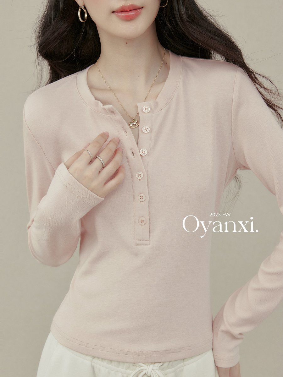OYANXI ヘンリーネック風 ボタン付き 長袖カットソー