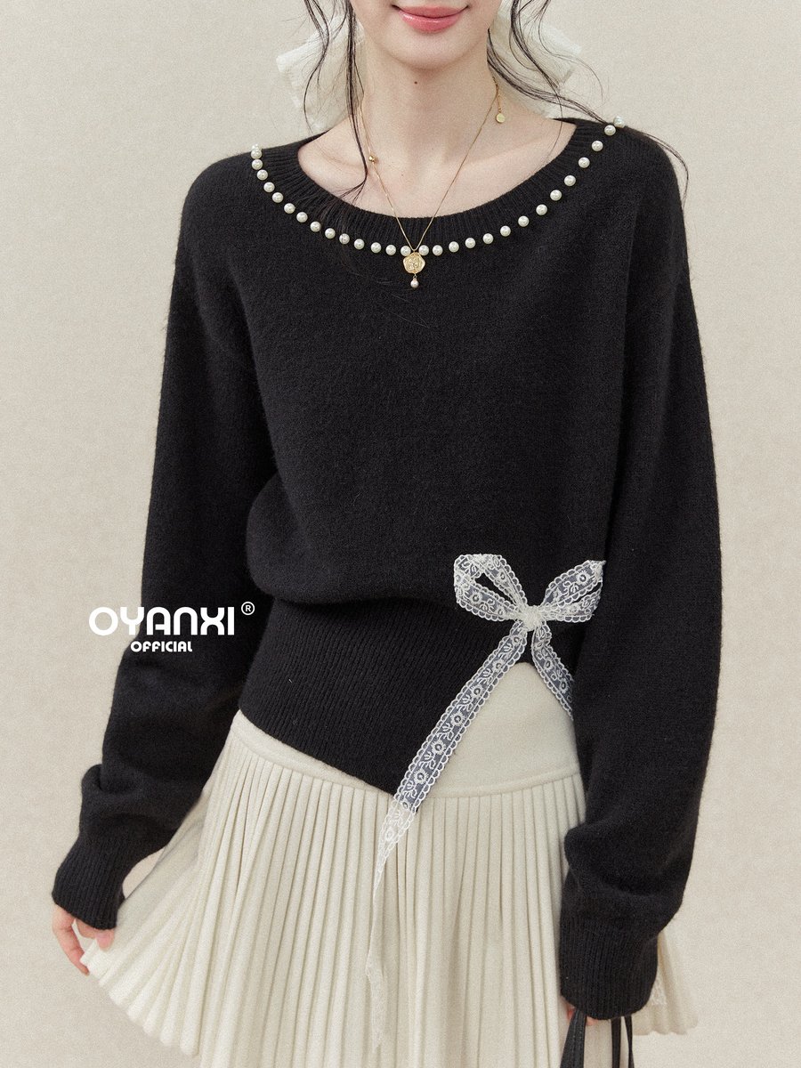 OYANXI パール クルーネック レースリボン アシンメトリーヘム セーター