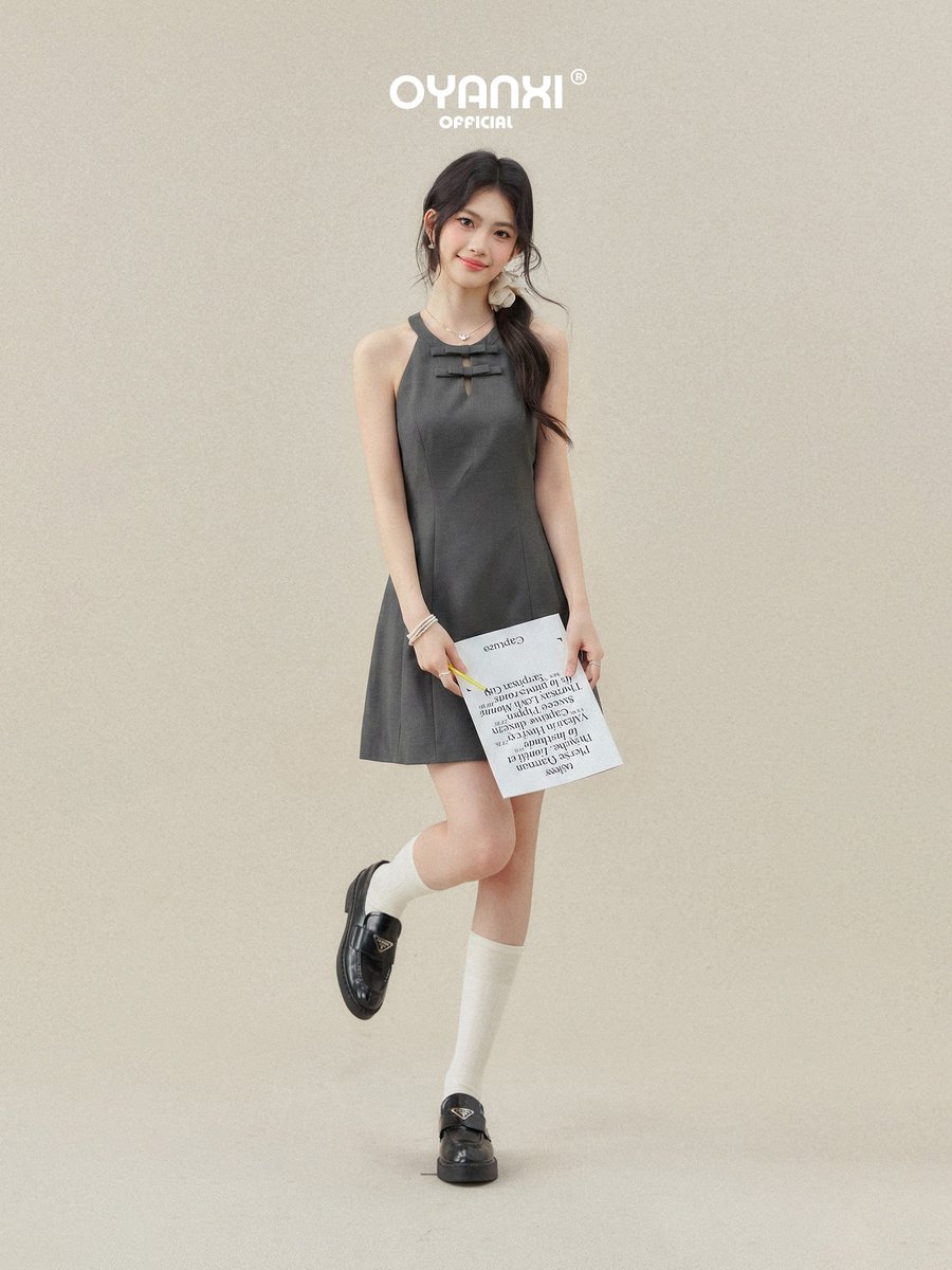 OYANXI リボン ホルターネック オフショルダー バルーンワンピース