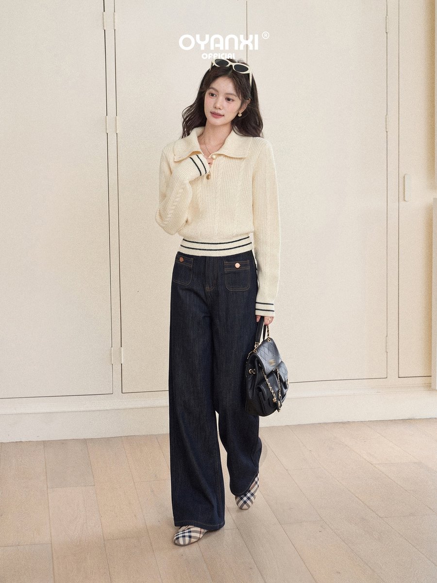 OYANXI レトロ ハイウエスト ロング丈 ワイドデニムパンツ