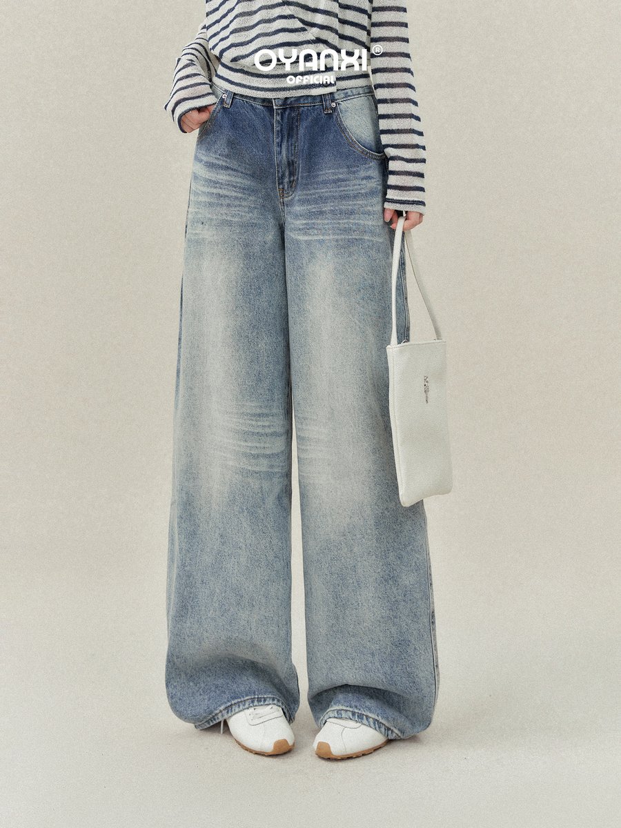 OYANXI ゆったり ロング丈 ワイドデニムパンツ