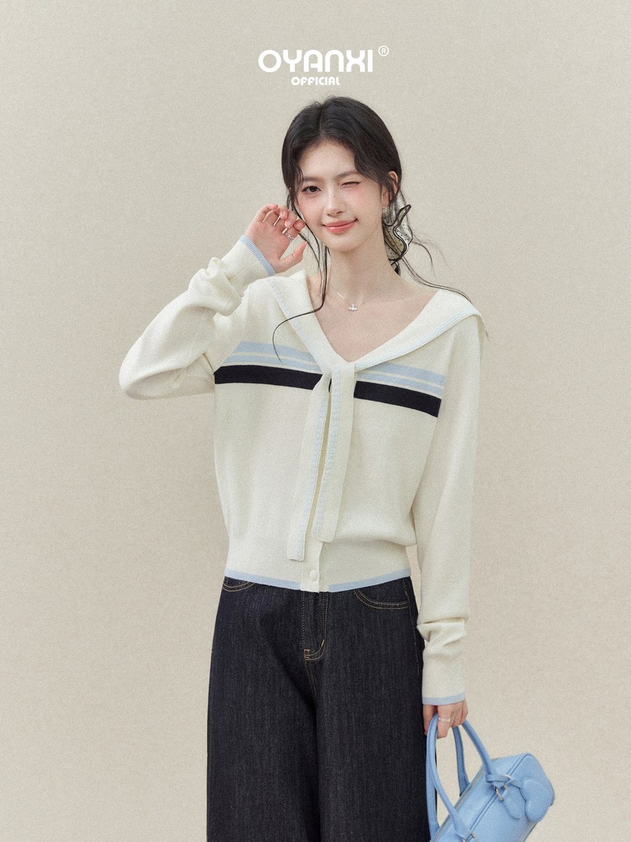 OYANXI レーステープ 配色ボーダー ゆったりニット
