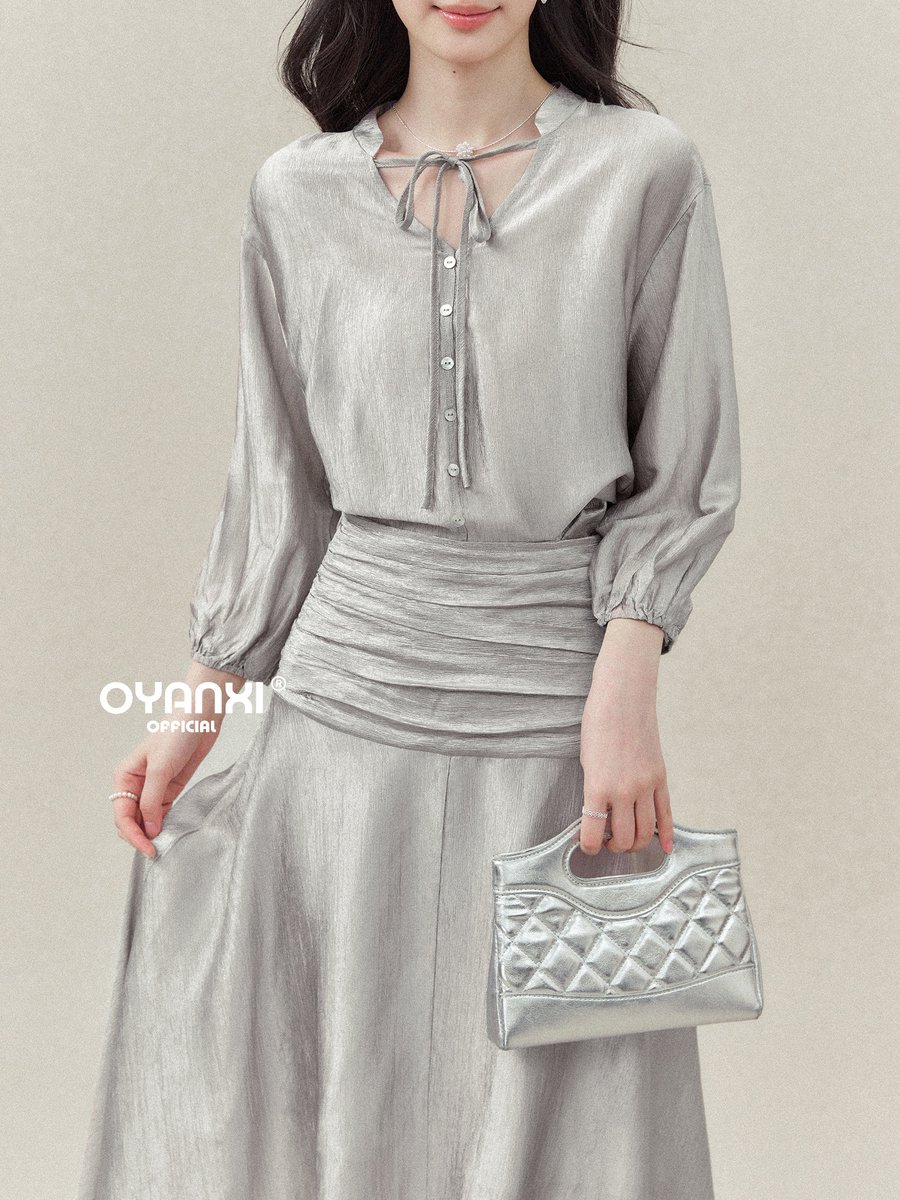 OYANXI アシンメトリーヘム Vネック 長袖ロングワンピース