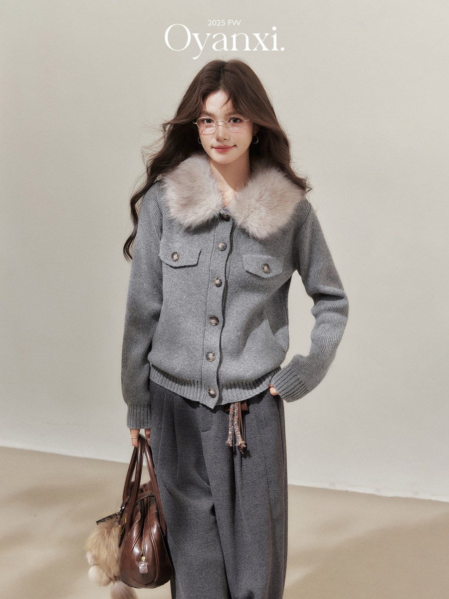 OYANXI ファーカラー ゆったり ニットカーディガン