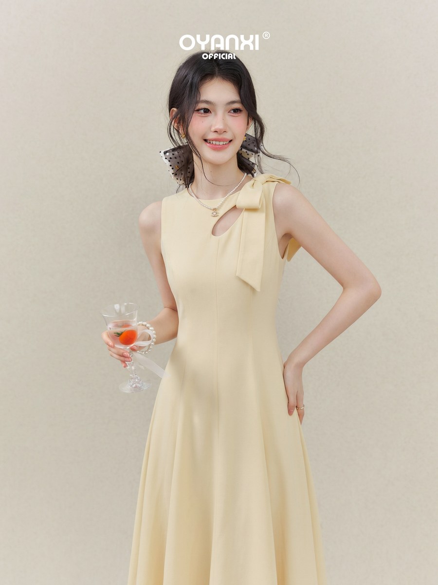 OYANXI リボン ノースリーブ ウエストシェイプ ロングワンピース