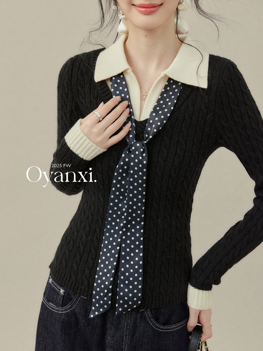 OYANXI ポロカラー フェイクレイヤード 長袖ニットトップス