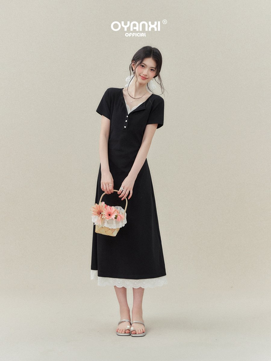 OYANXI フェイクレイヤード Vネック 半袖Aラインワンピース