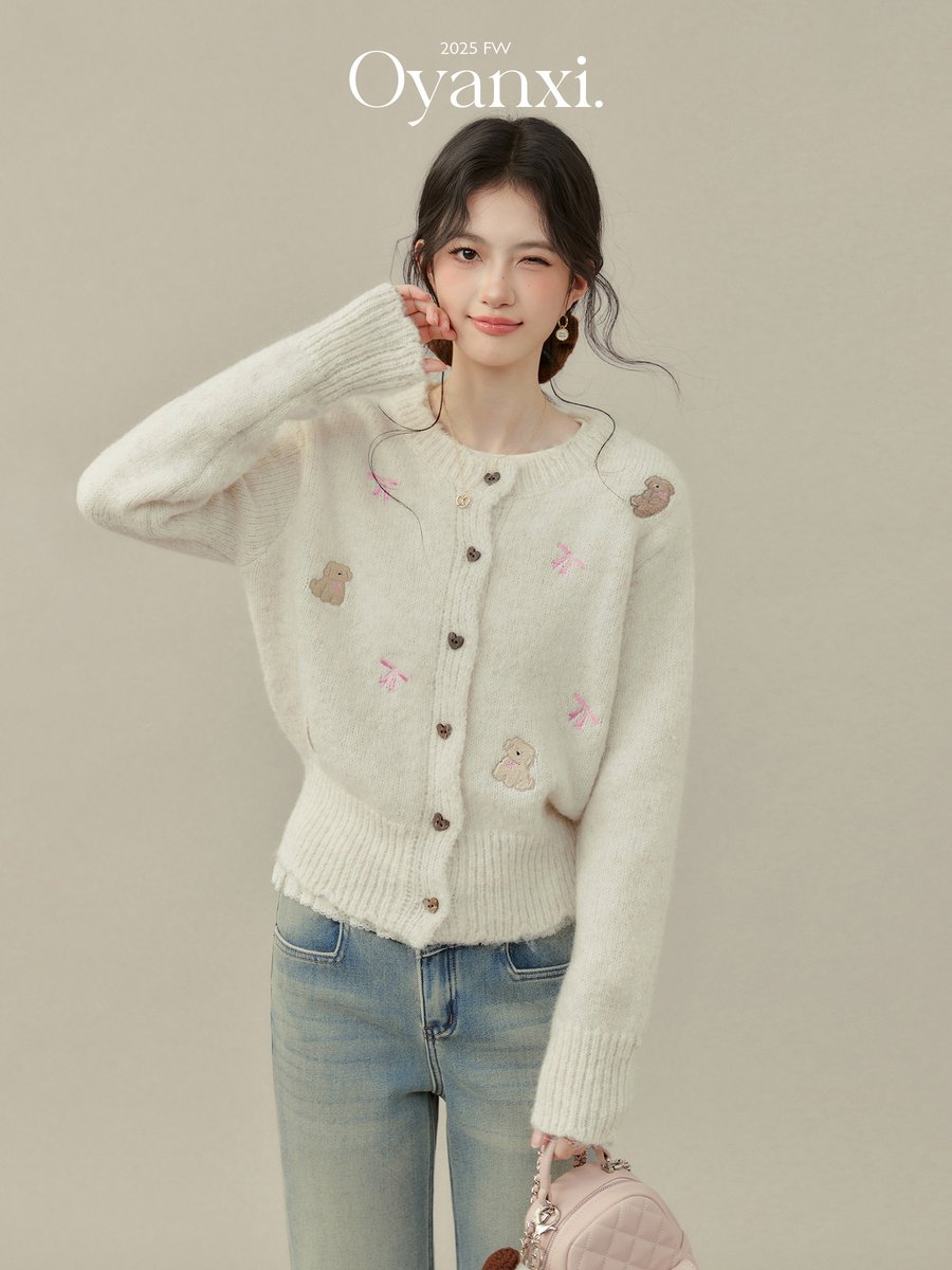 OYANXI リボン＆くま刺繍 ショート丈 ニットカーディガン