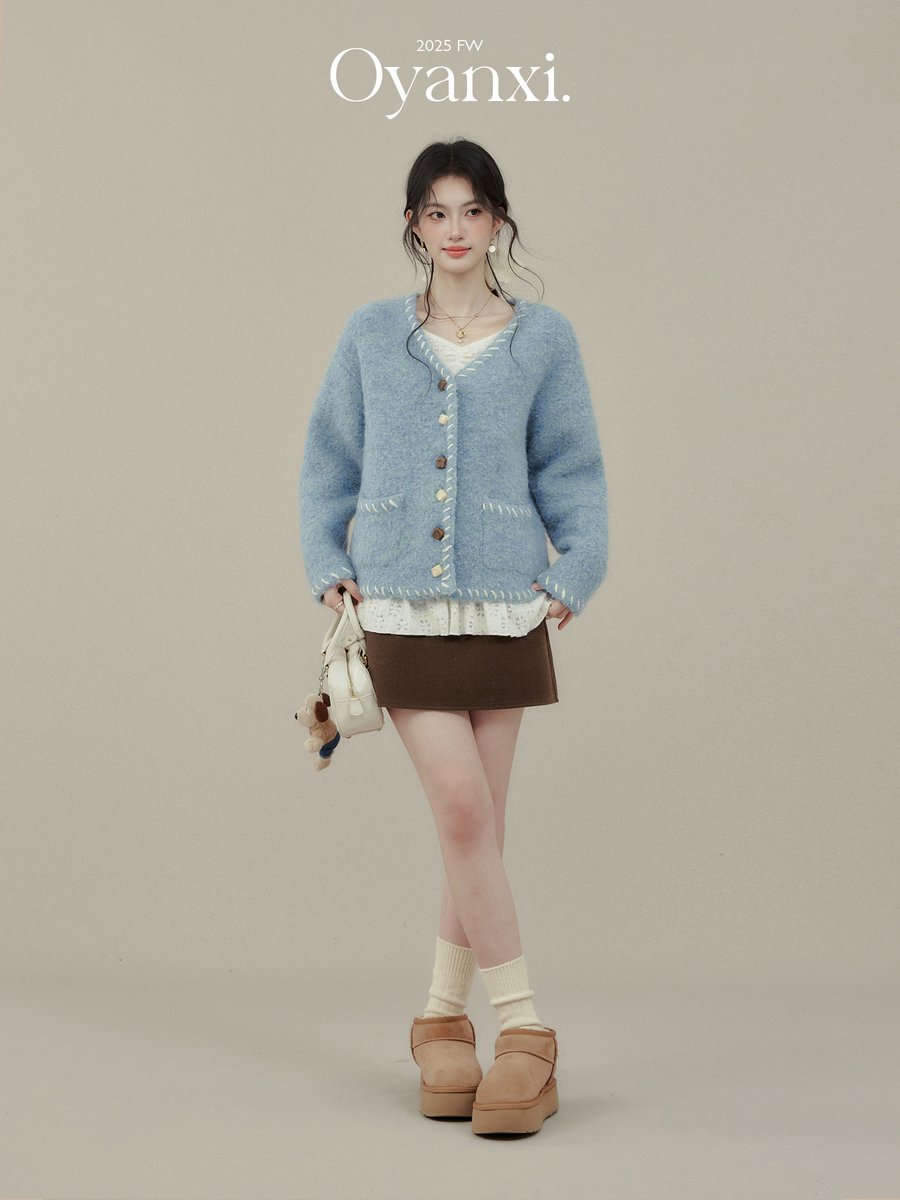 OYANXI Vネック ゆったり スカイブルー ニットカーディガン