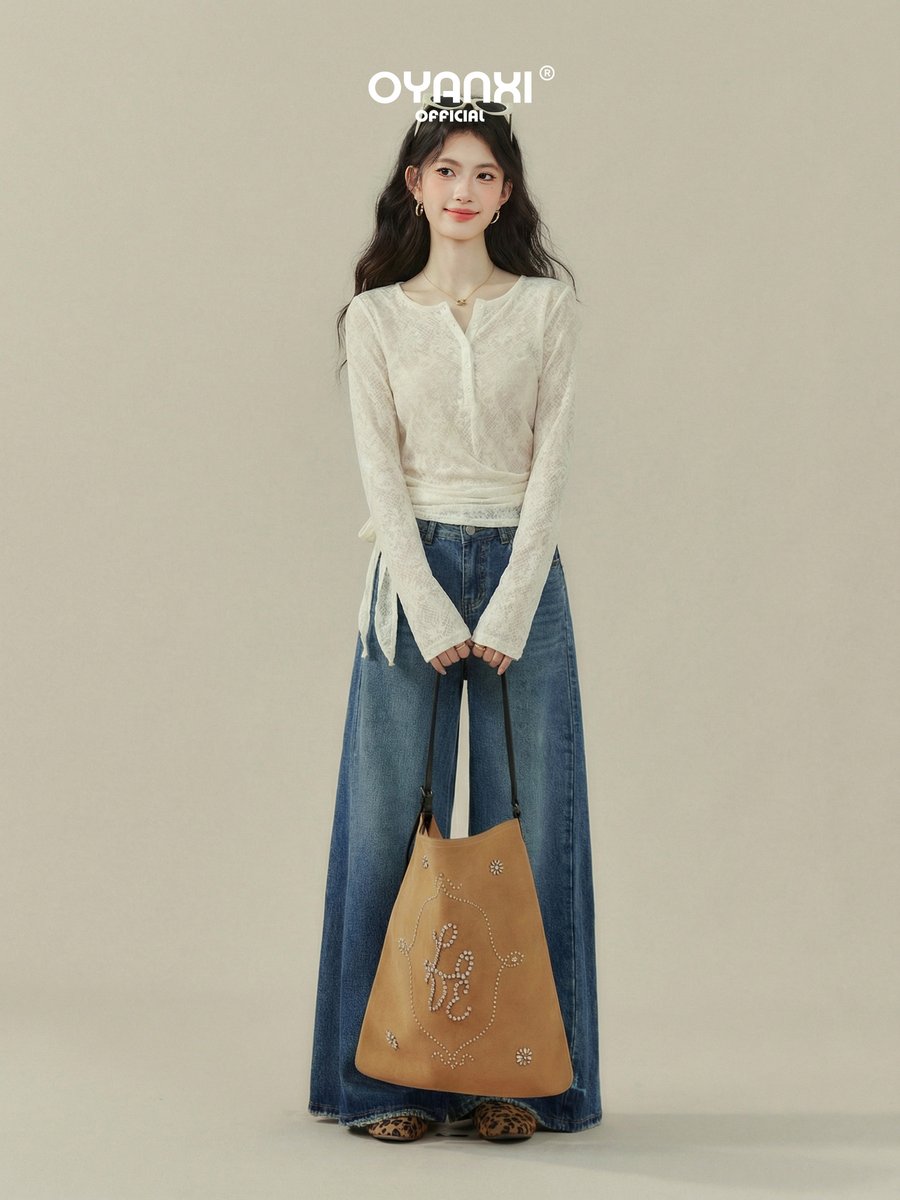 OYANXI ウエストリボン 長袖Tシャツ