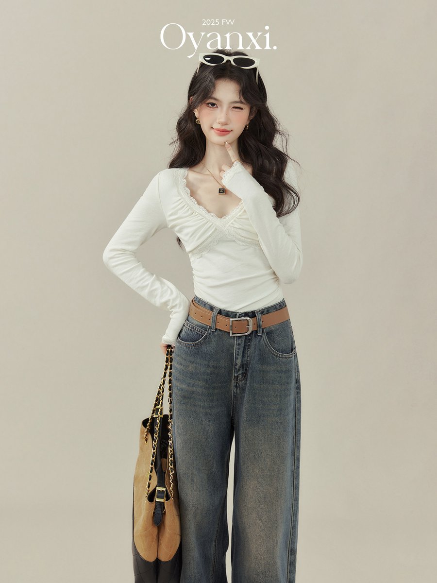OYANXI ヴィンテージ加工 ストレート ワイドデニムパンツ