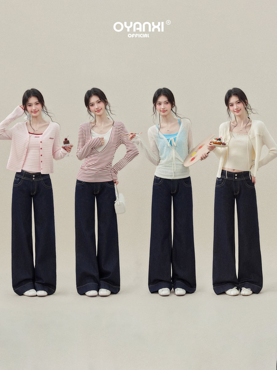 OYANXI ハイウエスト ストレート ワイドデニムパンツ