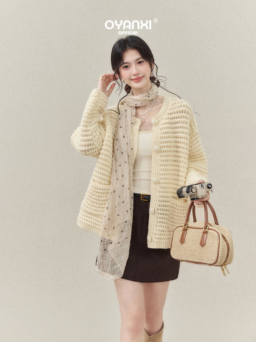 OYANXI 粗編み 透かし編み ゆったり ニットカーディガン
