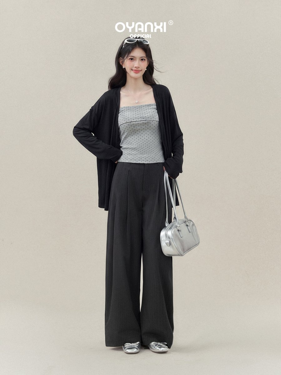 OYANXI ゆったり 長袖カーディガン＆ドット柄キャミ