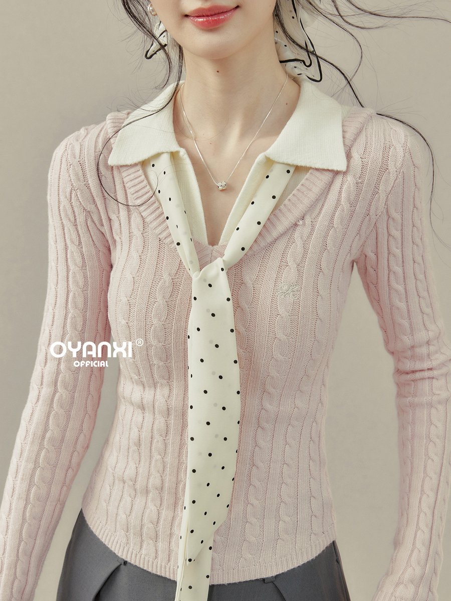 OYANXI ポロカラー フェイクレイヤード ショート丈ニット