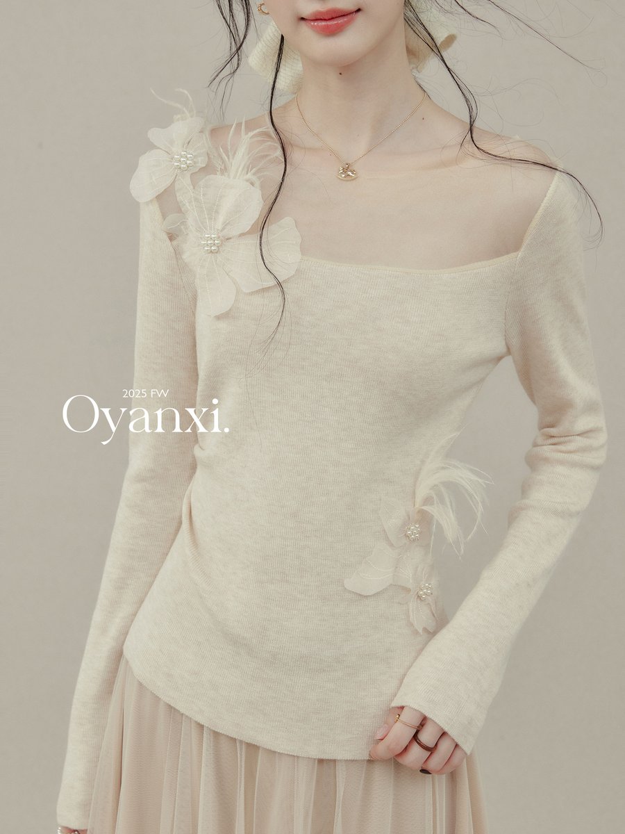 OYANXI フラワー透かし編み スリム ニットトップス