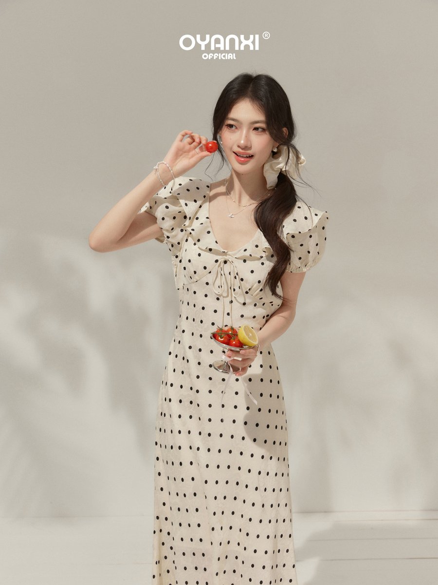 OYANXI ドット柄 Vネック フリル ロングワンピース