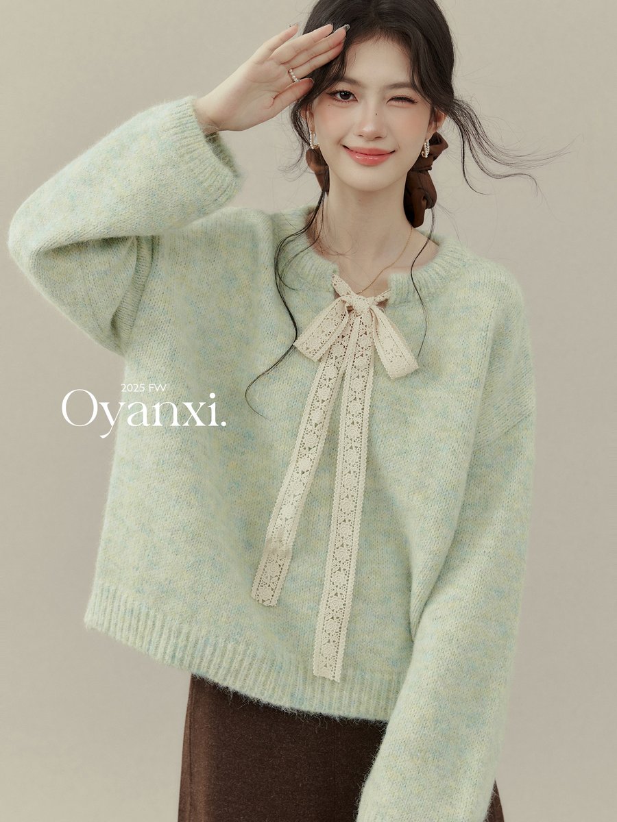 OYANXI レース リボン付き ライトグリーンニット