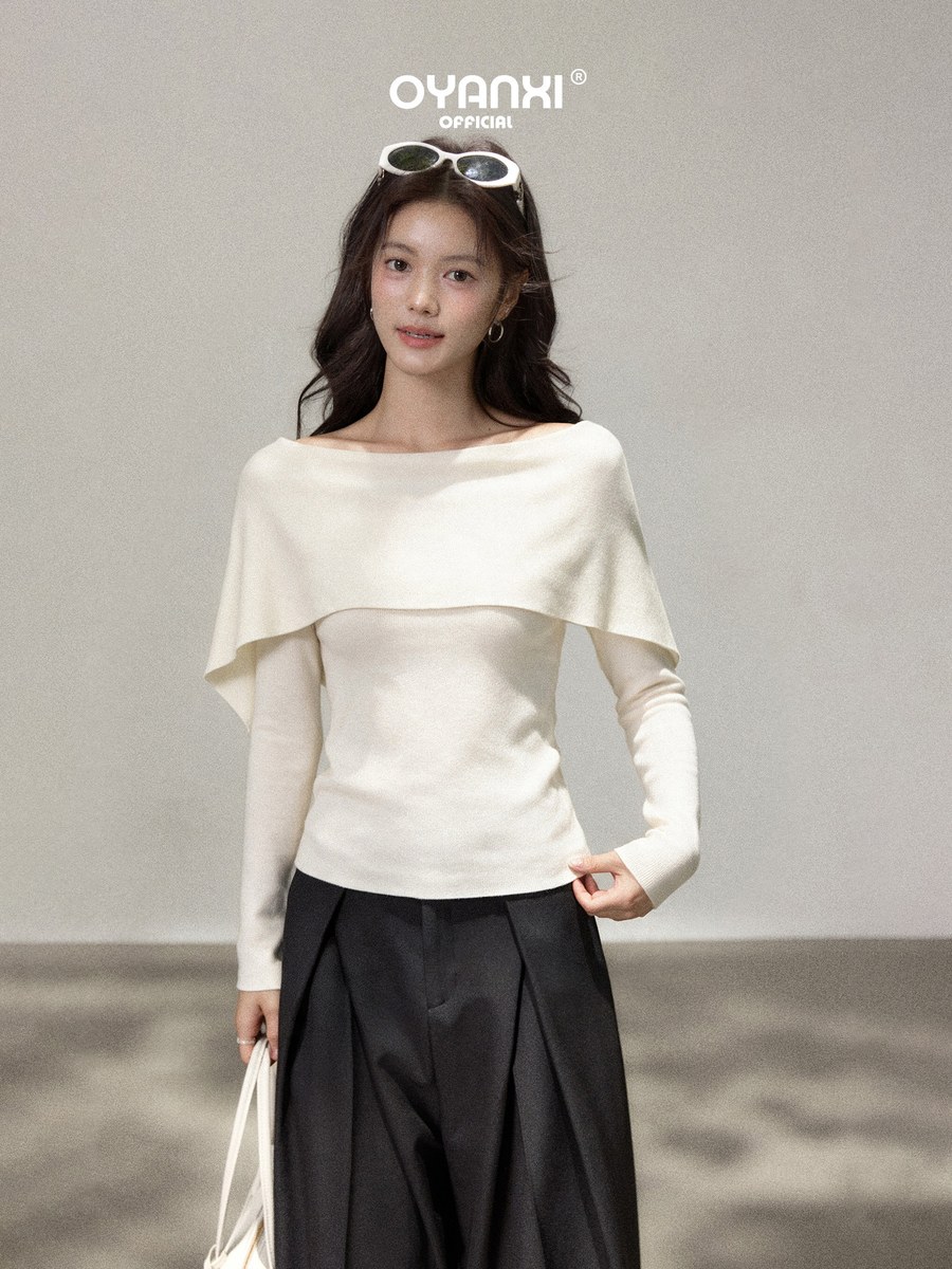 OYANXI オフショルダー ケープネック スリム 長袖ニット