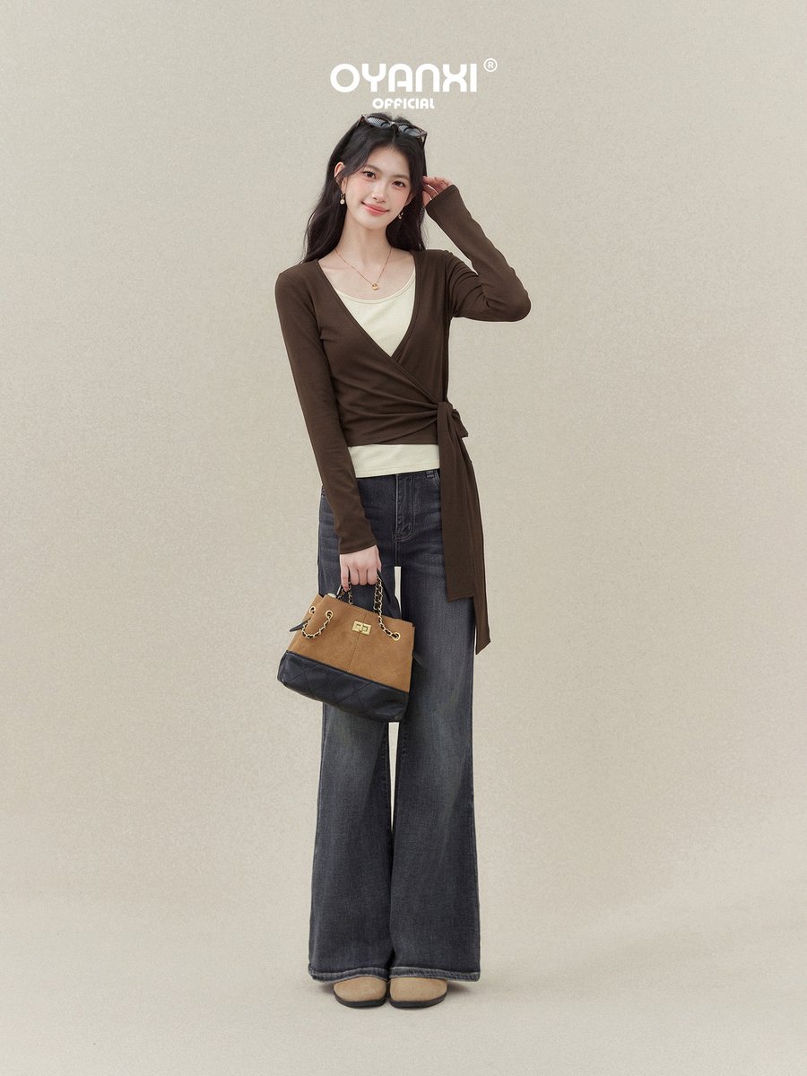 OYANXI Vネック フェイクレイヤード ウエストリボン 長袖Tシャツ