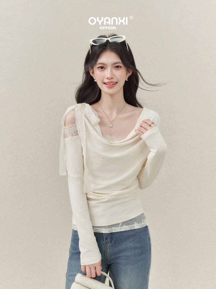 OYANXI レース ワンショルダー ドレープネック 長袖Tシャツ
