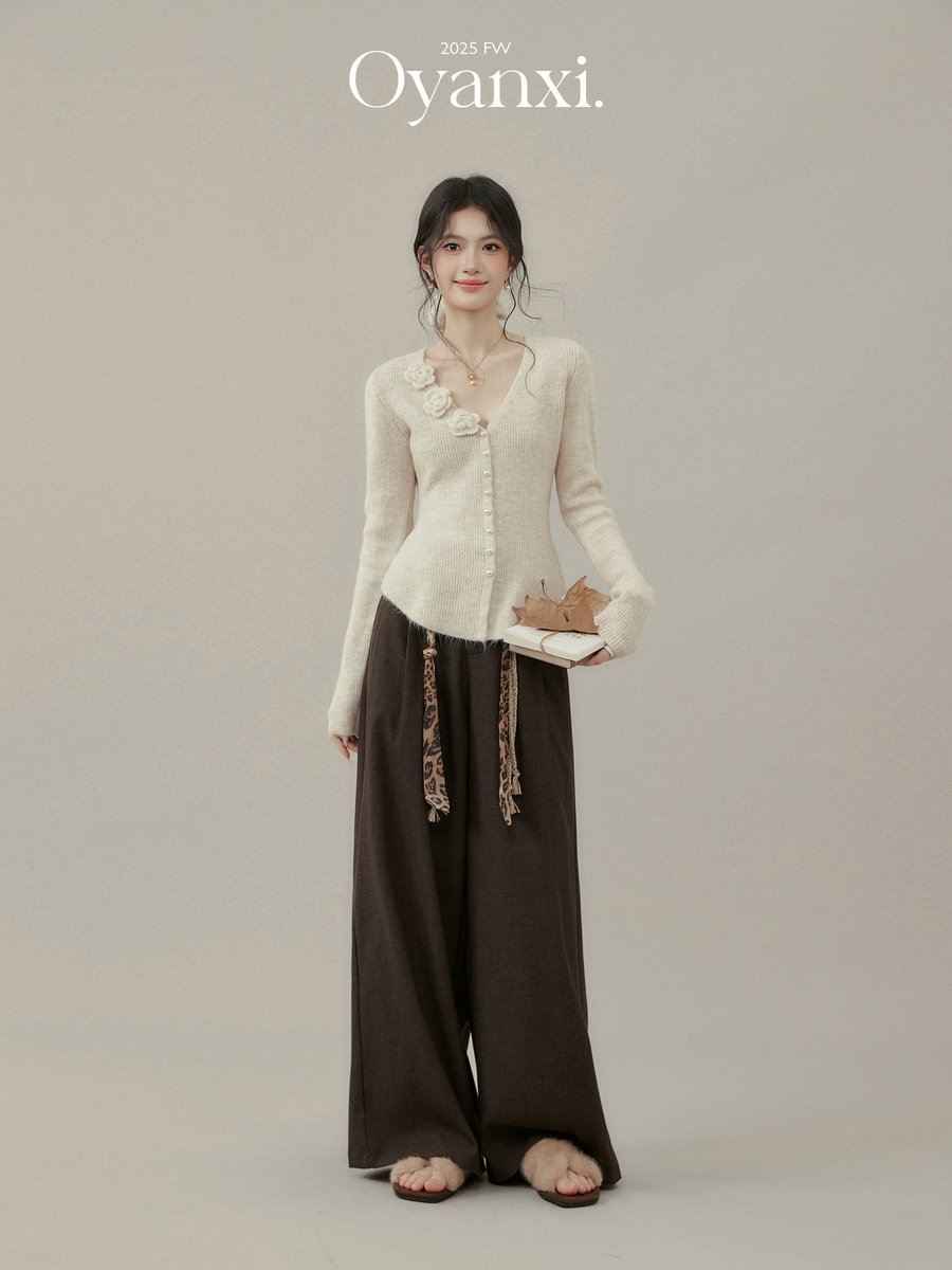 OYANXI 立体フラワー Vネック ニットカーディガン