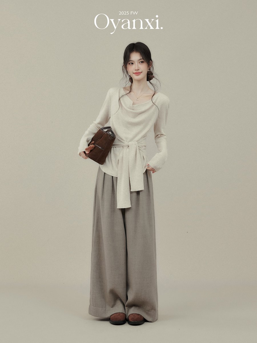 OYANXI ドレープネック アシンメトリー リボン ニットトップス