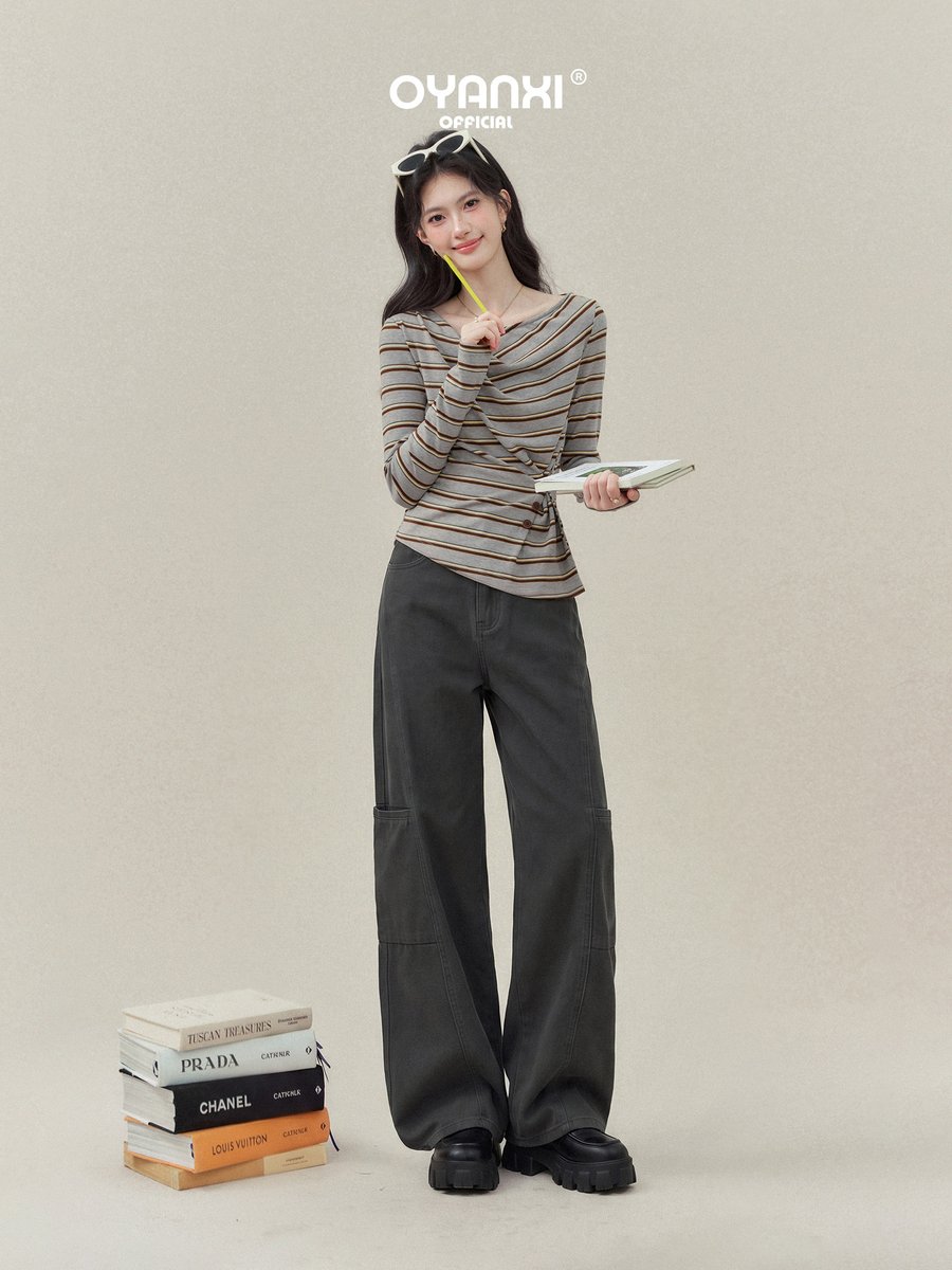 OYANXI ウォッシュ加工 切り替え ミドルハイウエスト ワイドデニムパンツ