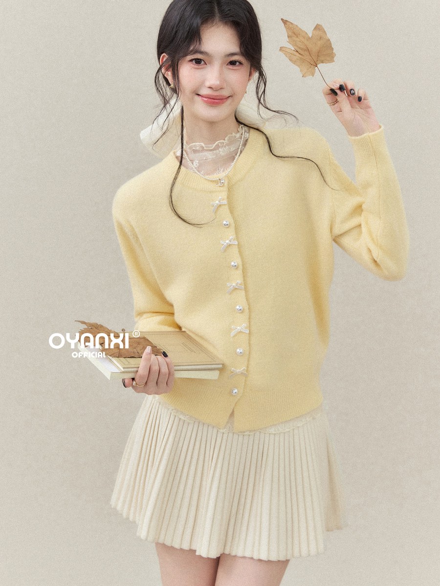 OYANXI パールボタン 長袖ニットカーディガン