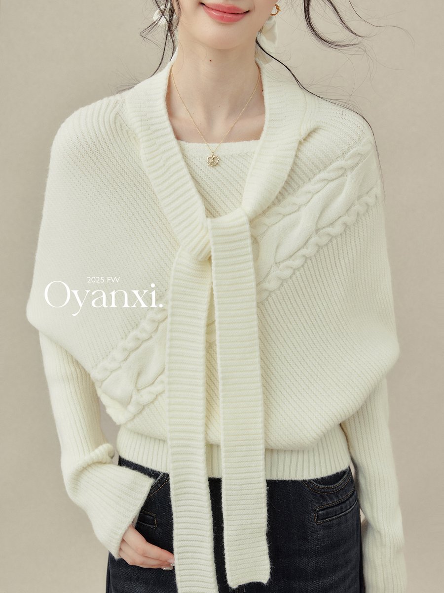OYANXI リボンタイ ドルマンスリーブ ニットトップス