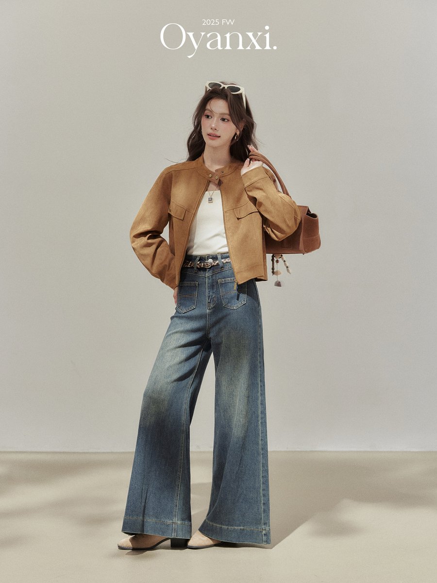OYANXI ヴィンテージ加工 ストレート ワイドデニムパンツ