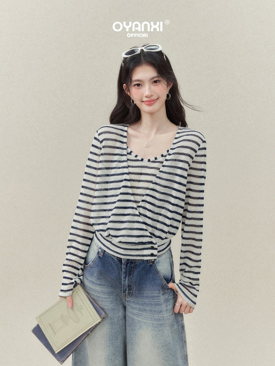 OYANXI ストライプ キャミソール＆Vネック長袖Tシャツ 2点セット