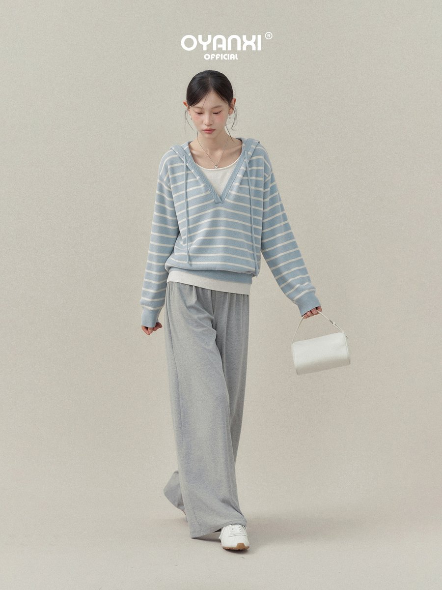 OYANXI ストライプ フェイクレイヤード Vネック フードニット