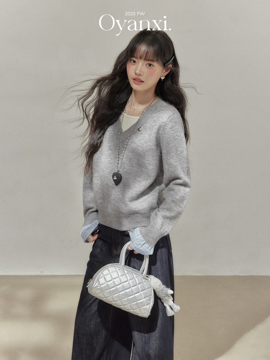 OYANXI Vネック フェイクレイヤード 長袖ニット グレー