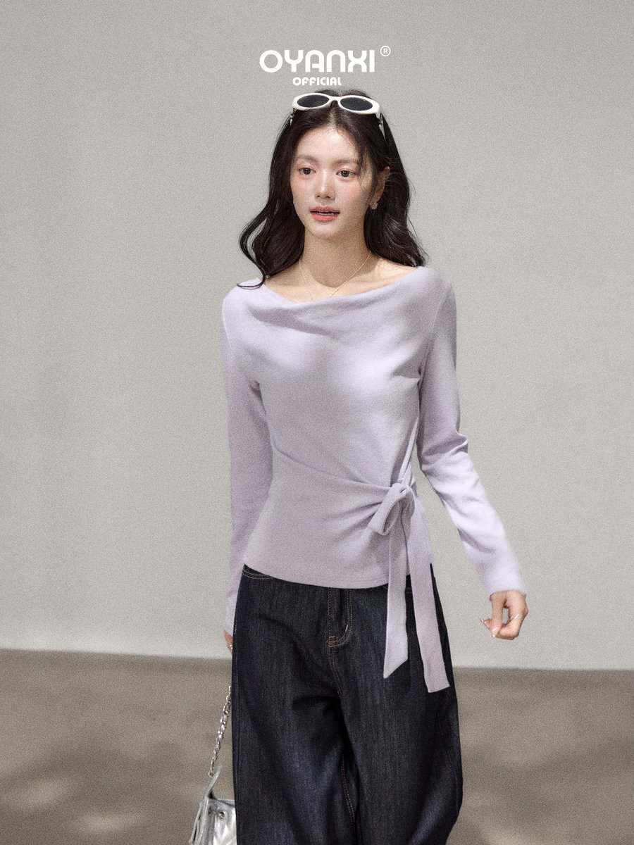 OYANXI ウエストリボン シンプル 長袖Tシャツ