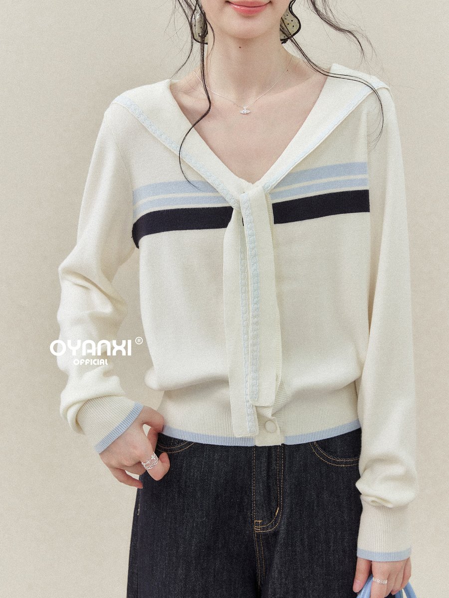 OYANXI レーステープ 配色ボーダー ゆったりニット