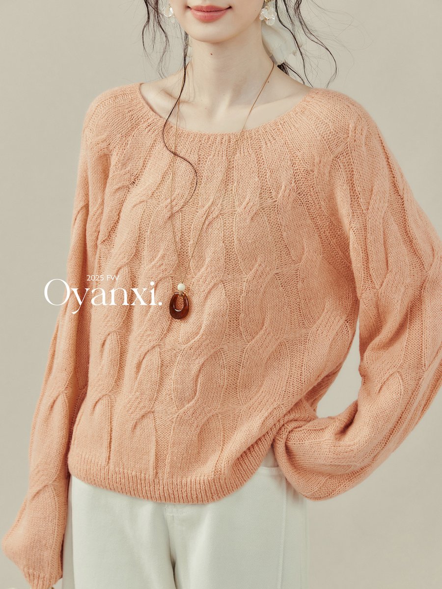 OYANXI 透かし編み クルーネック プルオーバーニット