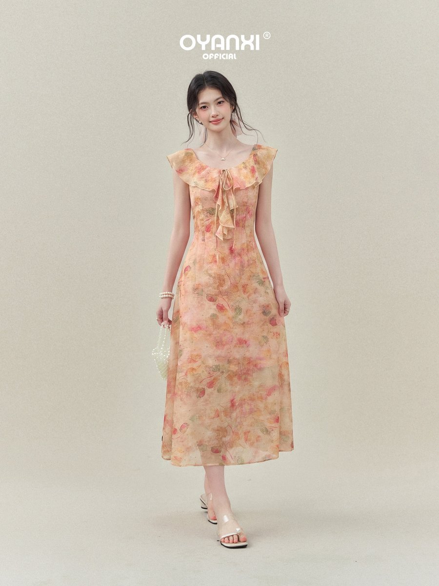 OYANXI フレンチ 花柄 フリルスリーブ ロングワンピース