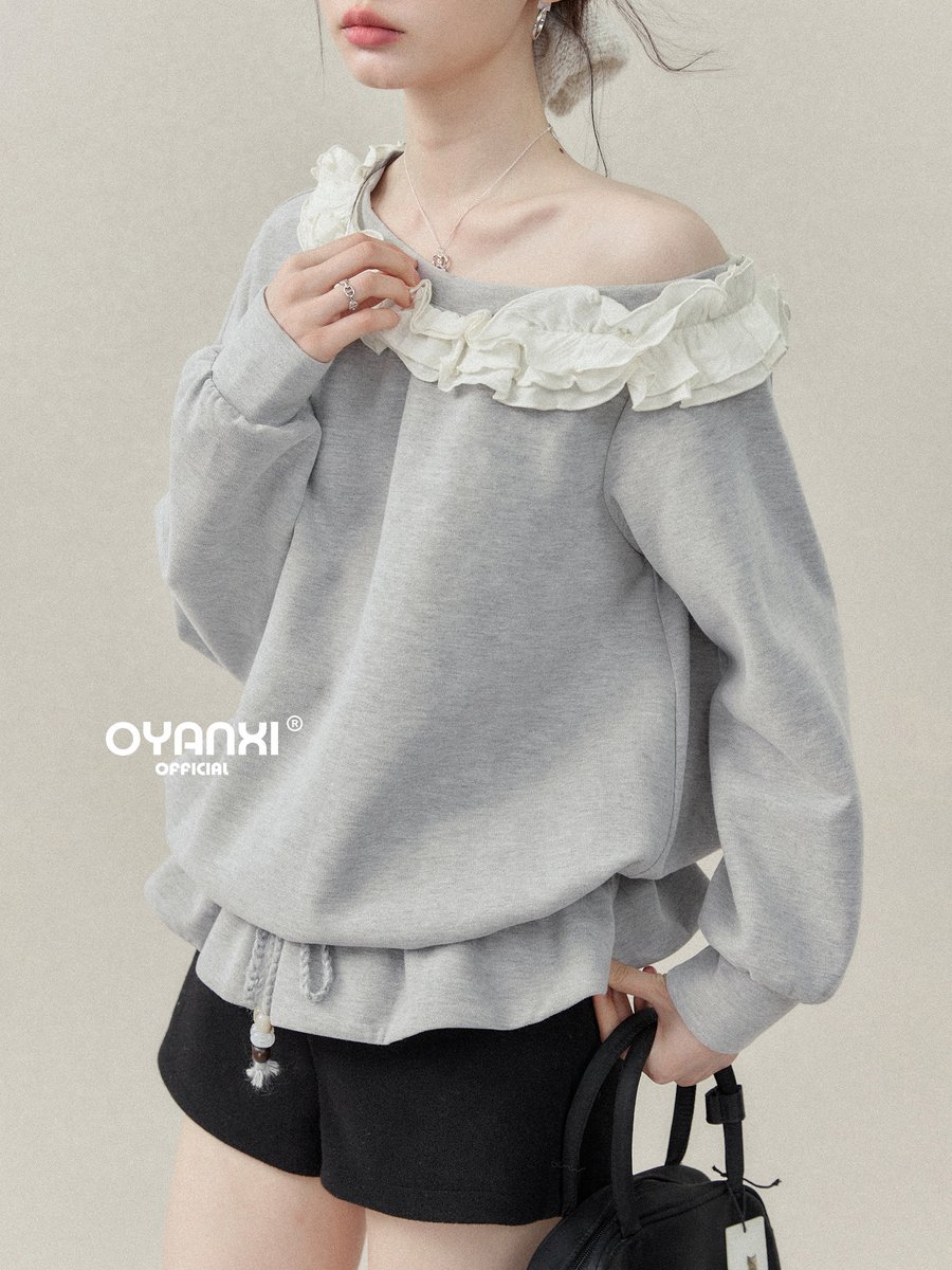 OYANXI アシンメトリーネック フリル ゆったりスウェット