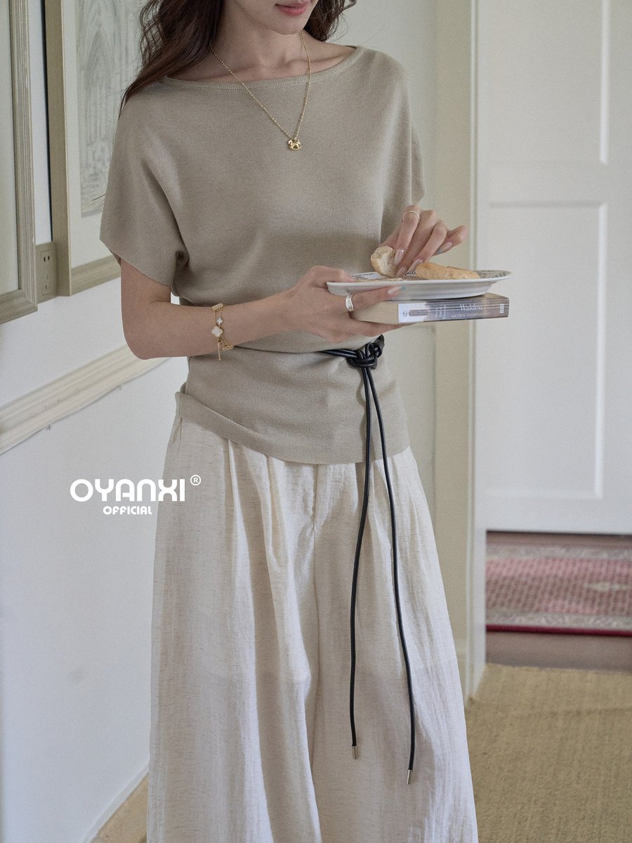 OYANXI ドルマンスリーブ 半袖ニットトップス ベルト付き