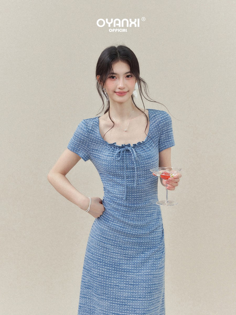 OYANXI ドット柄 スクエアネック フリル ロングワンピース