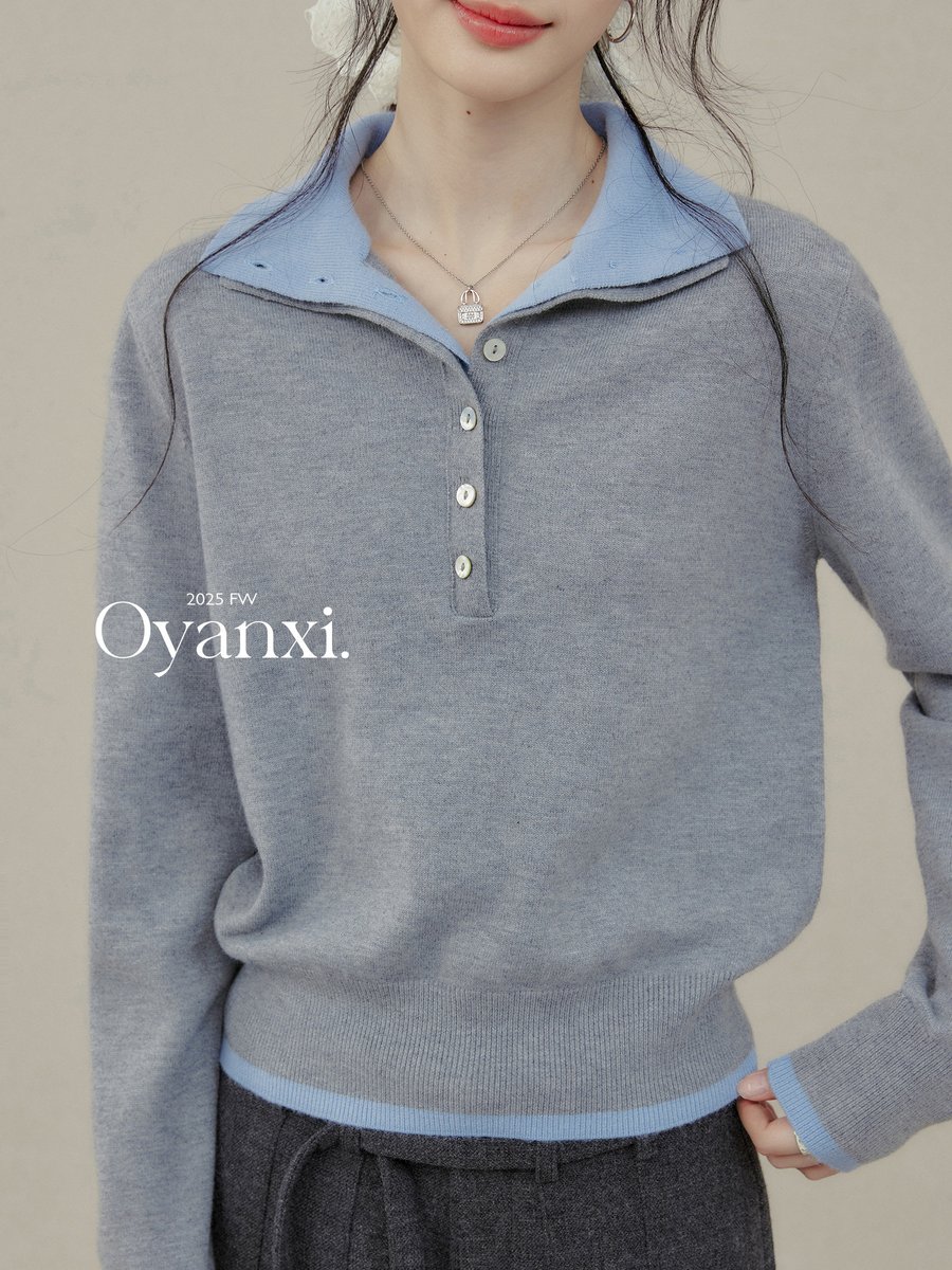 OYANXI 襟付き 配色 プルオーバーニット