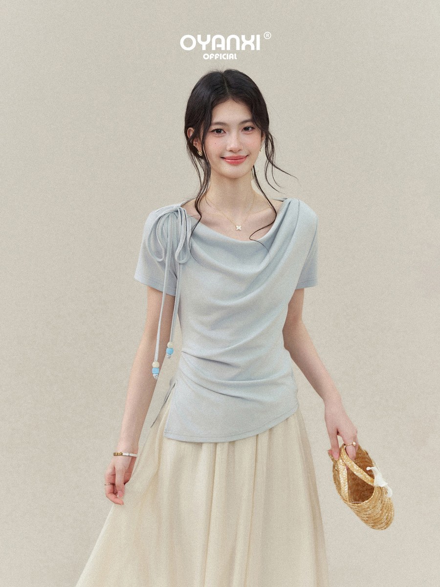 OYANXI ドレープネック ウエストシェイプ 半袖Tシャツ