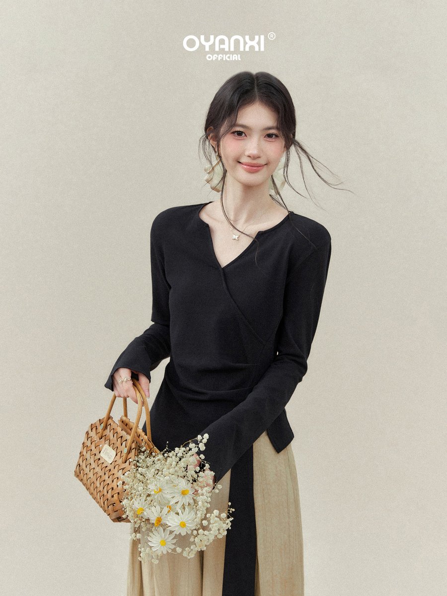OYANXI アシンメトリーヘム Vネック 長袖Tシャツ