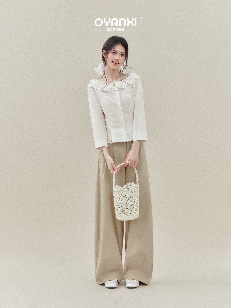 OYANXI ダブルフリル オフショルダー レーストリム ブラウス