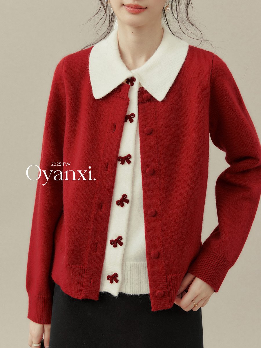 OYANXI リボン付き 襟付き フェイクレイヤード ニットカーディガン