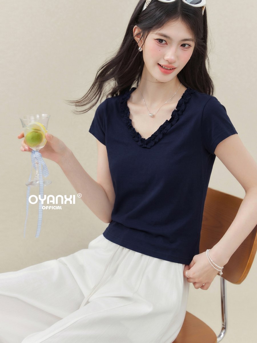 OYANXI フリルトリム Vネック スリム 半袖Tシャツ